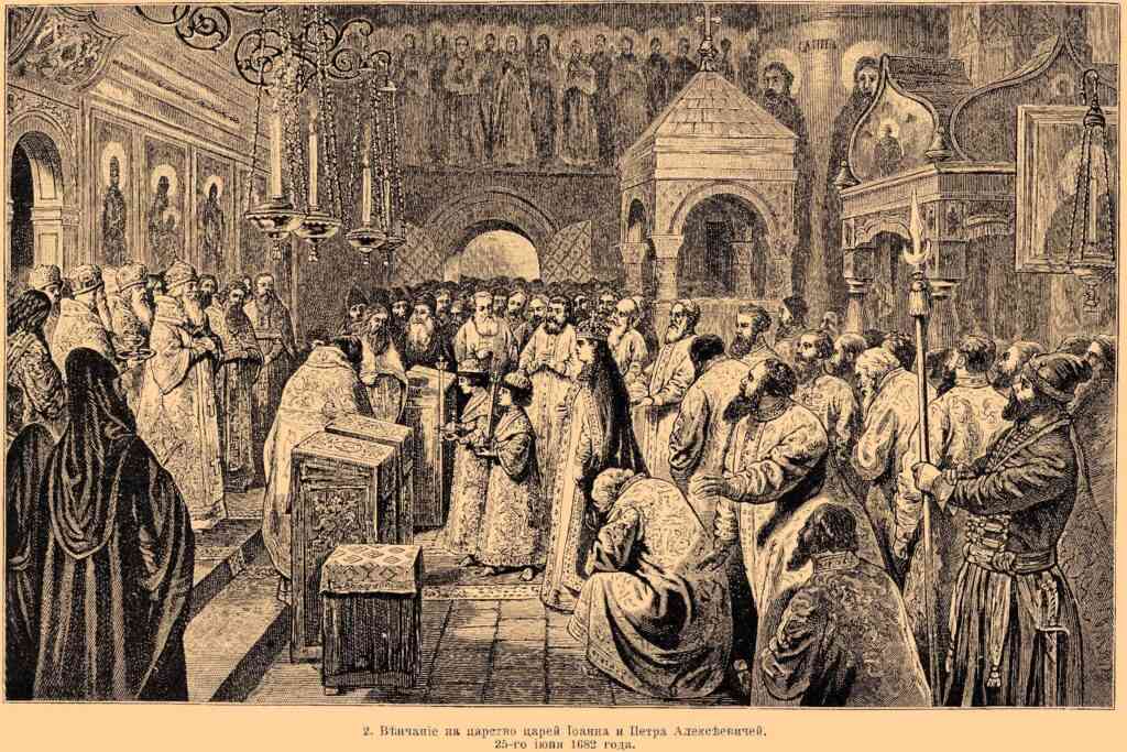 the coronation of ivan v pyotr i. june 25 1682